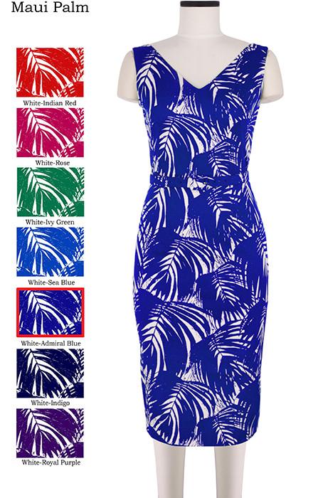 Victoria Dress Open V Neck Sleeveless Maui Palm in White Admiral Blue               