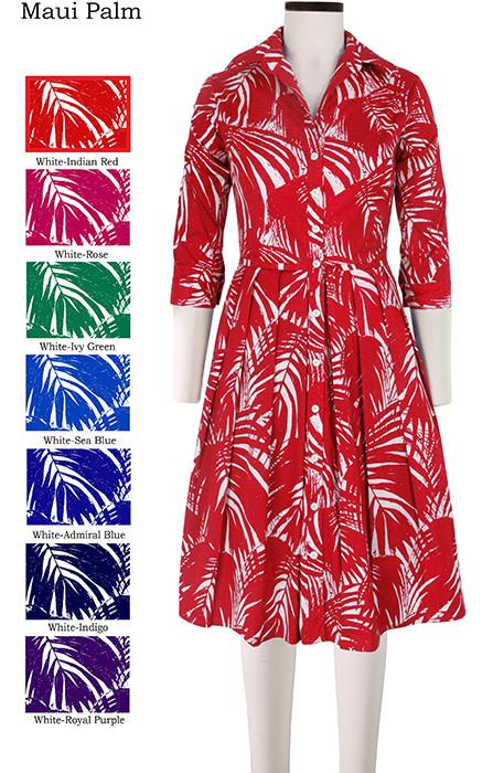 Audrey Dress Shirt Collar 3/4 Sleeve Maui Palm in White Indian Red                         