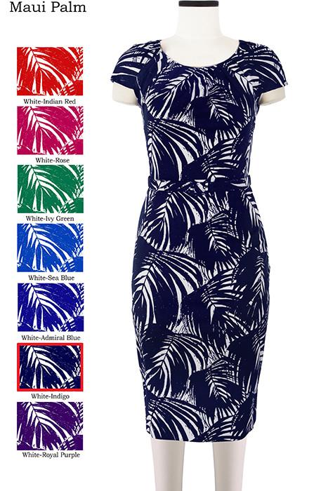 Sabrina Dress Round Neck Cap Sleeve Maui Palm in White Indigo                              