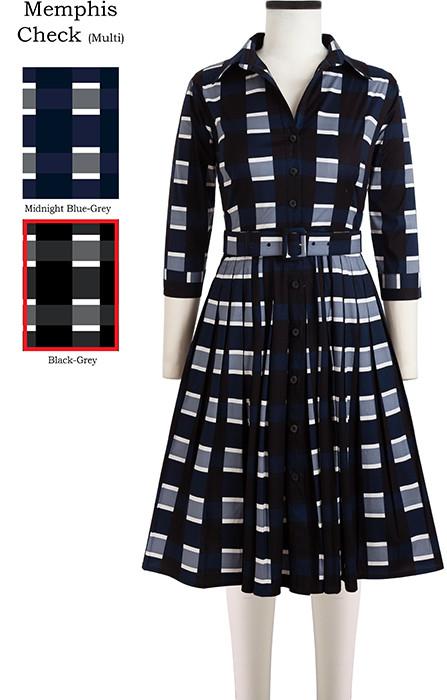 Audrey Dress #2 Shirt Collar 3/4 Sleeve Memphis Check in Black Grey                                 
