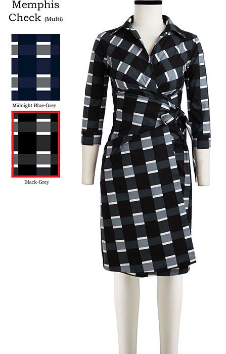 Hepburn Dress Shirt Collar 3/4 Sleeve Memphis Check in Black Grey                                             
