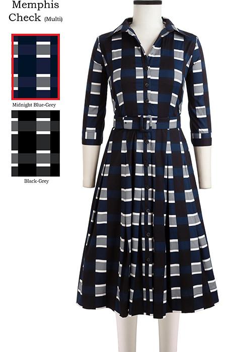 Patricia Dress #2 Shirt Collar 3/4 Sleeve Memphis Check in Midnight Blue Grey                     