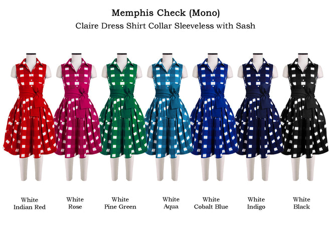 Claire Dress Shirt Collar Sleeveless with Sash in Memphis Check Mono       