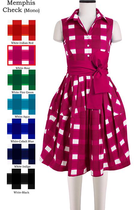 Claire Dress Shirt Collar Sleeveless with Sash Memphis Check Mono in White Rose                    