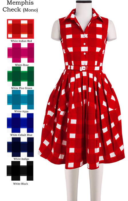 Claire Dress Shirt Collar Sleeveless Memphis Check Mono in White Indian Red                              