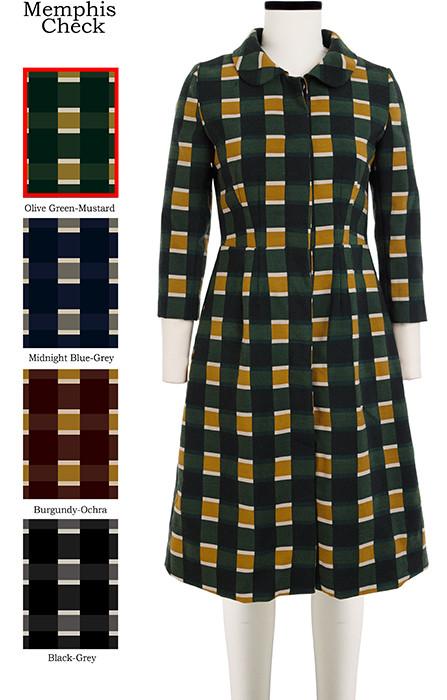 Rosetta Coat Peterpan Collar 3/4 Sleeve Memphis Check in Olive Green Mustard               