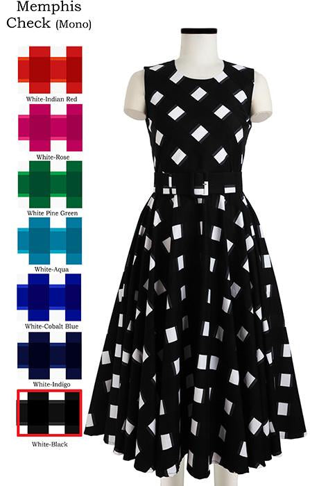 April Dress Crew Neck Sleeveless Memphis Check Mono in White Black                                      