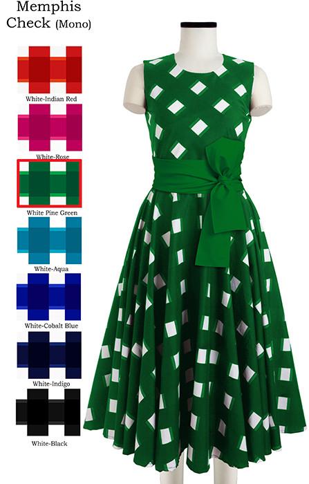 April Dress Crew Neck Sleeveless with Sash Memphis Check Monoin White Pine Green             