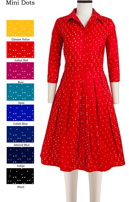 Audrey Dress Shirt Collar 3/4 Sleeve Mini Dots in Indian Red                                         