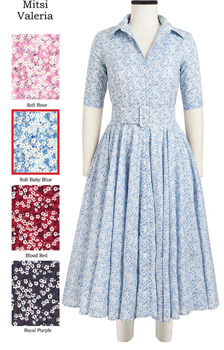 Gigi Dress Shirt Collar 1/2 Sleeve Midi Mitsi Valeria in Soft Baby Blue                                             