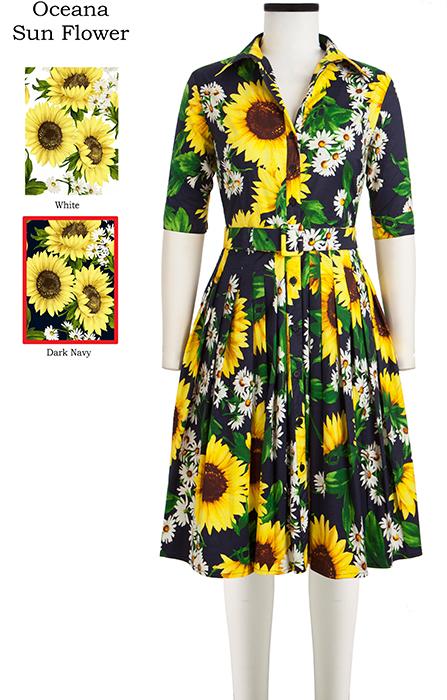 Audrey Dress #2 Shirt Collar 1/2 Sleeve Oceana Sunflower in Dark Navy                              