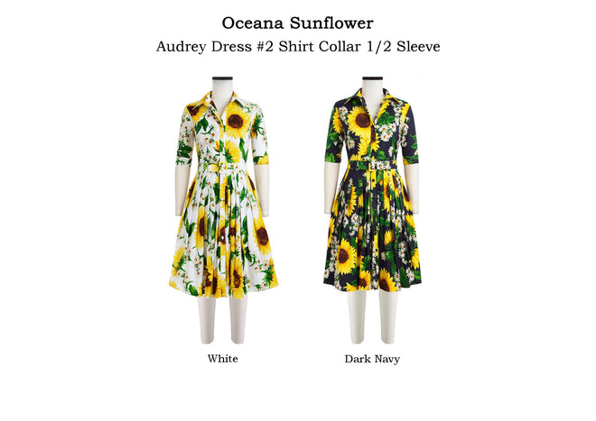 Audrey Dress #2 Shirt Collar 1/2 Sleeve in Oceana Sunflower                                             