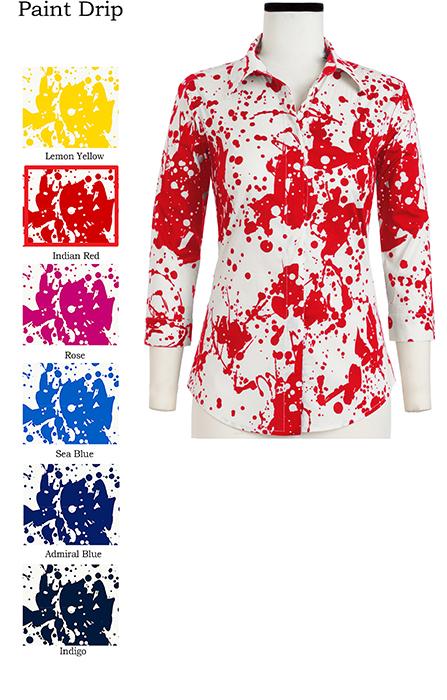 Katharine Shirt Collar 3/4 Sleeve Paint Drip in Indian Red                                             