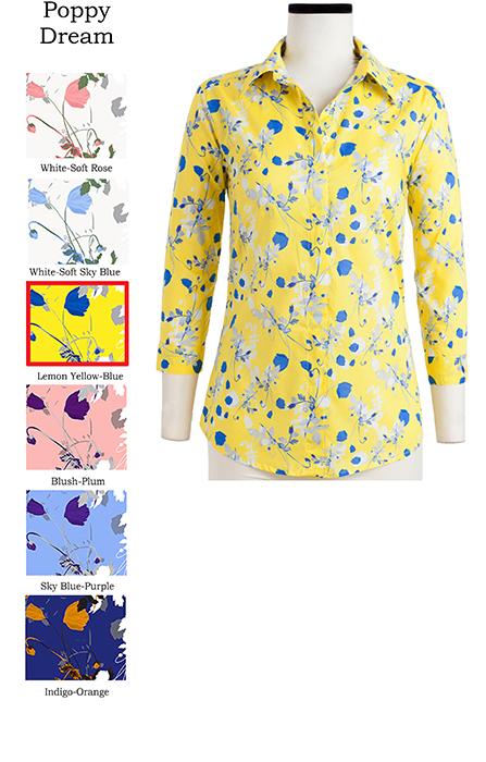 Katharine Shirt Shirt Collar 3/4 Sleeve Poppy Dream in Lemon Yellow Blue                        