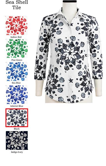 Katharine Shirt Collar 3/4 Sleeve Sea Shell Tile in Black                                                            