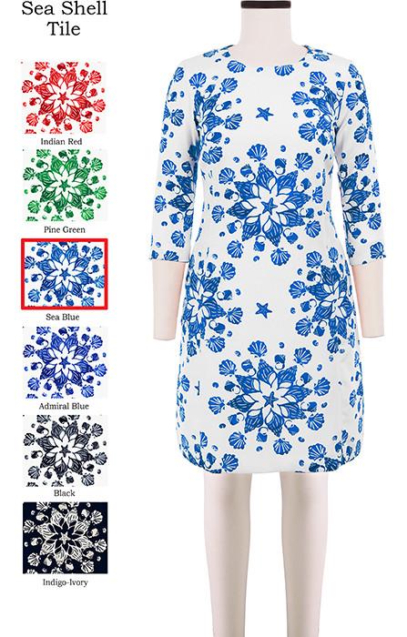 Sarah Dress Crew Neck 3/4 Sleeve Sea Shell in Sea Blue                                                            