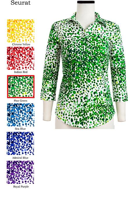 Katharine Shirt Collar 3/4 Sleeve Seurat in Pine Green                                                        