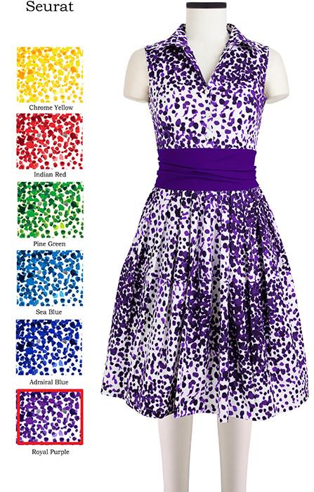 Claire Dress Shirt Collar Sleeveless with Sash Seurat in Royal Purple                                              