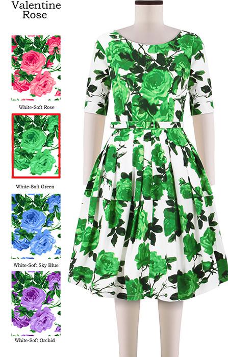 Rachel Dress Boat Neck 1/2 Sleeve Valentine Rose Pastel in White Soft Green                              