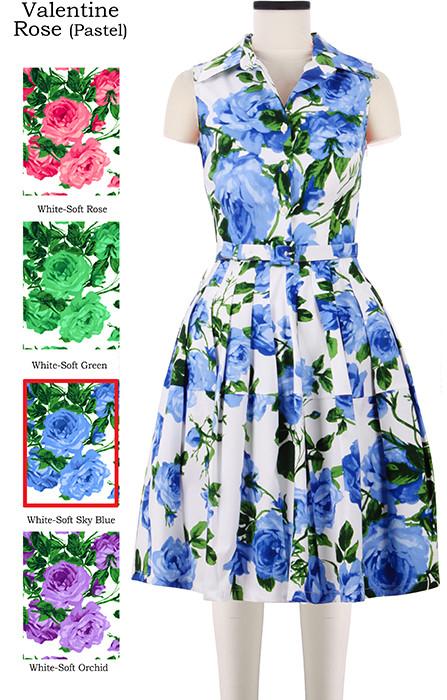 Claire Dress Shirt Collar Sleeveless Valentine Rose Pastel in White Soft Sky Blue
