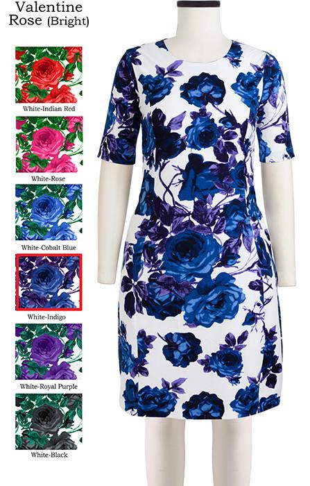 Sarah Dress Crew Neck 1/2 Sleeve Valentine Rose Bright in White Indigo                             