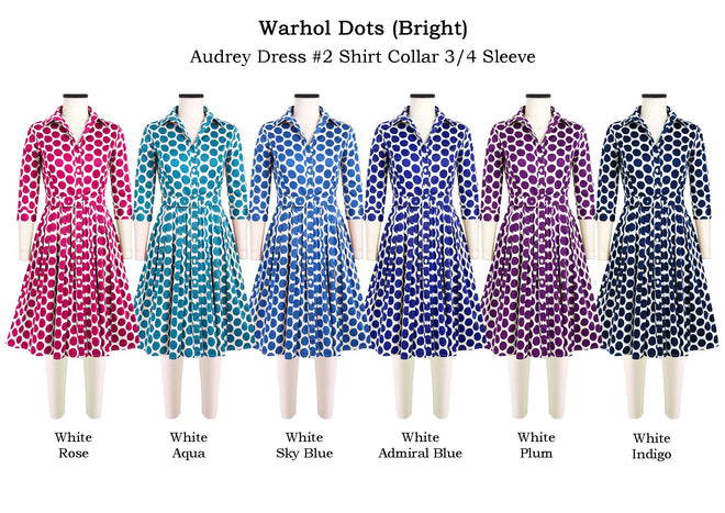 Audrey Dress #2 Shirt Collar 3/4 Sleeve in Warhol Dots                                             
