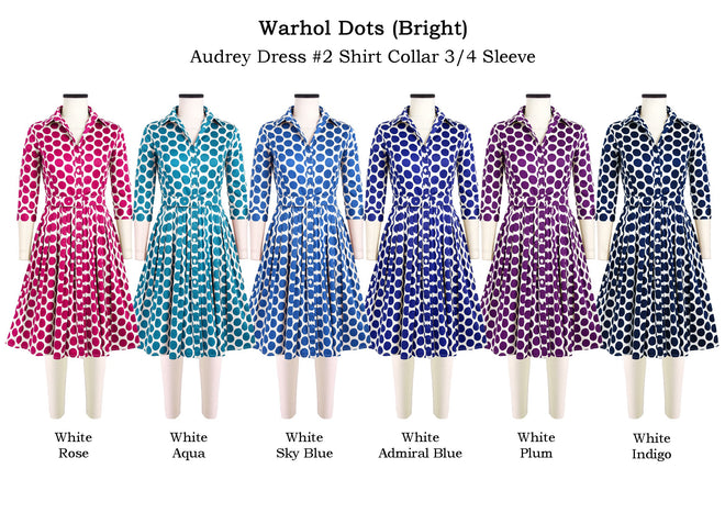 Audrey Dress #2 Shirt Collar 3/4 Sleeve in Warhol Dots                                             