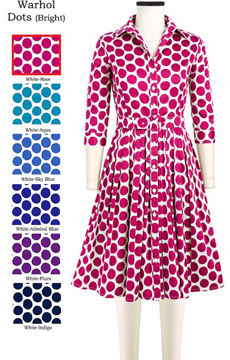 Audrey Dress #2 Shirt Collar 3/4 Sleeve Warhol Dots in White Rose                              