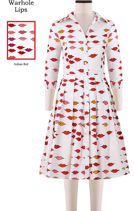 Audrey Dress Shirt Collar 3/4 Sleeve Warhole Lips in Indian Red                                                          