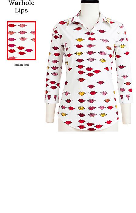 Katharine Shirt Shirt Collar 3/4 Sleeve Warhole Lips in Indian Red                                        