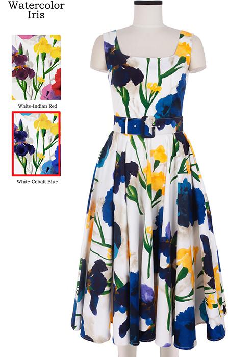 April Dress U Neck Sleeveless Watercolor Iris in White Cobalt Blue                              