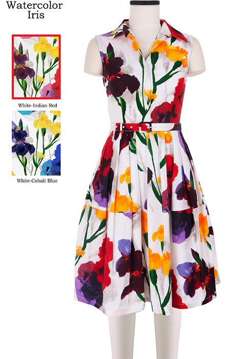 Claire Dress Shirt Collar Sleeveless Watercolor Iris in White Indian Red                              