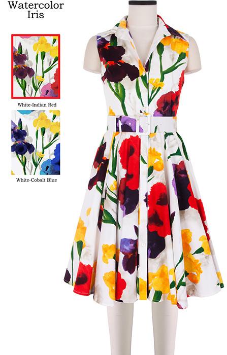Gigi Dress Shirt Collar Sleeveless Watercolor Iris in White Indian Red                              