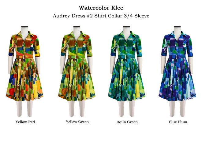 Audrey Dress #2 Shirt Collar 3/4 Sleeve in Watercolor Klee                                                 