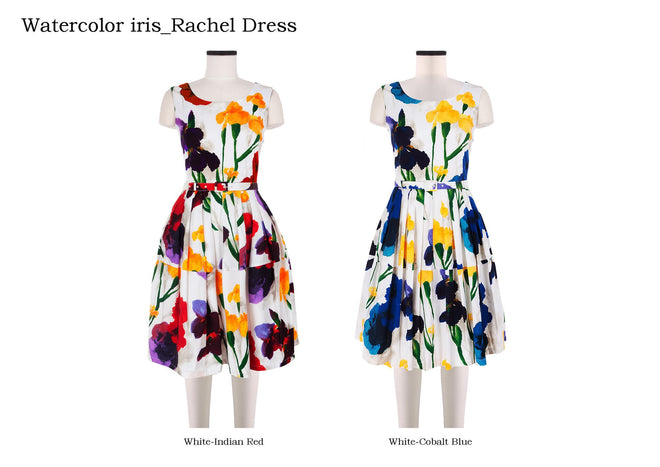 Rachel Dress Boat Neck Mini Cap Sleeve in Watercolor Iris                                      