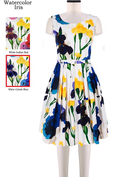 Rachel Dress Boat Neck Mini Cap Sleeve Watercolor iris in White Cobalt Blue             