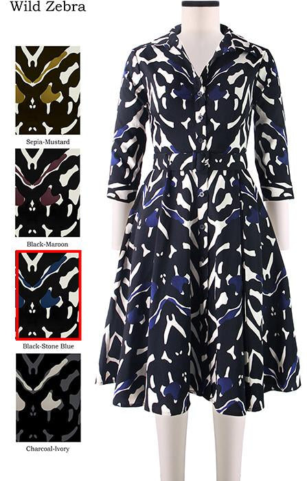 Abel Dress Shirt Collar 3/4 Sleeve Wild Zebra in Black Stone Blue                                    