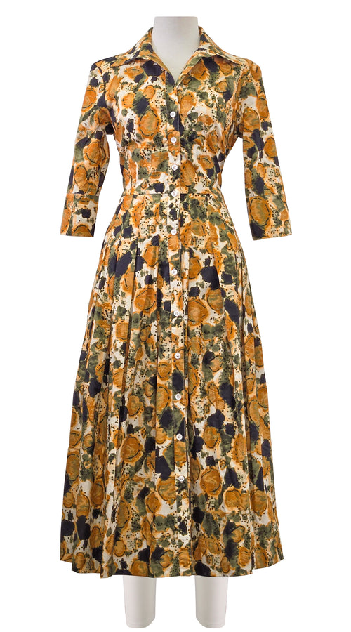 Audrey Dress #2 Shirt Collar 3/4 Sleeve Midi Length Poplin Stretch (Animal Dots)