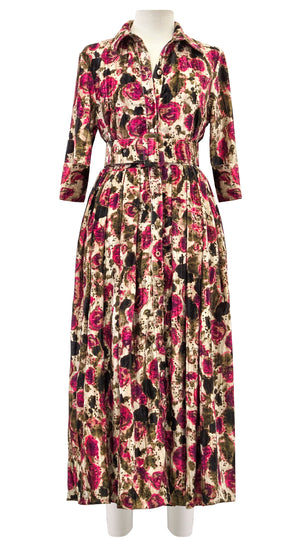 Audrey Dress #4 Shirt Collar 3/4 Sleeve Midi Length Velvet Vicose (Animal Dots)