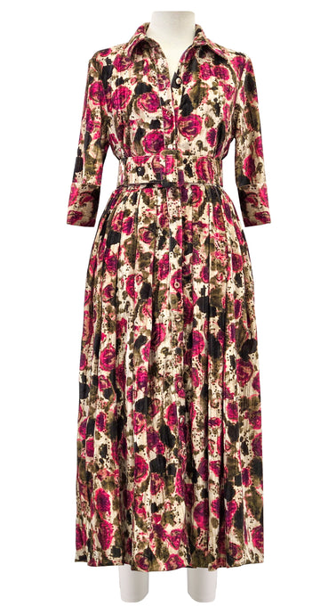 Audrey Dress #4 Shirt Collar 3/4 Sleeve Midi Length Velvet Vicose (Animal Dots)