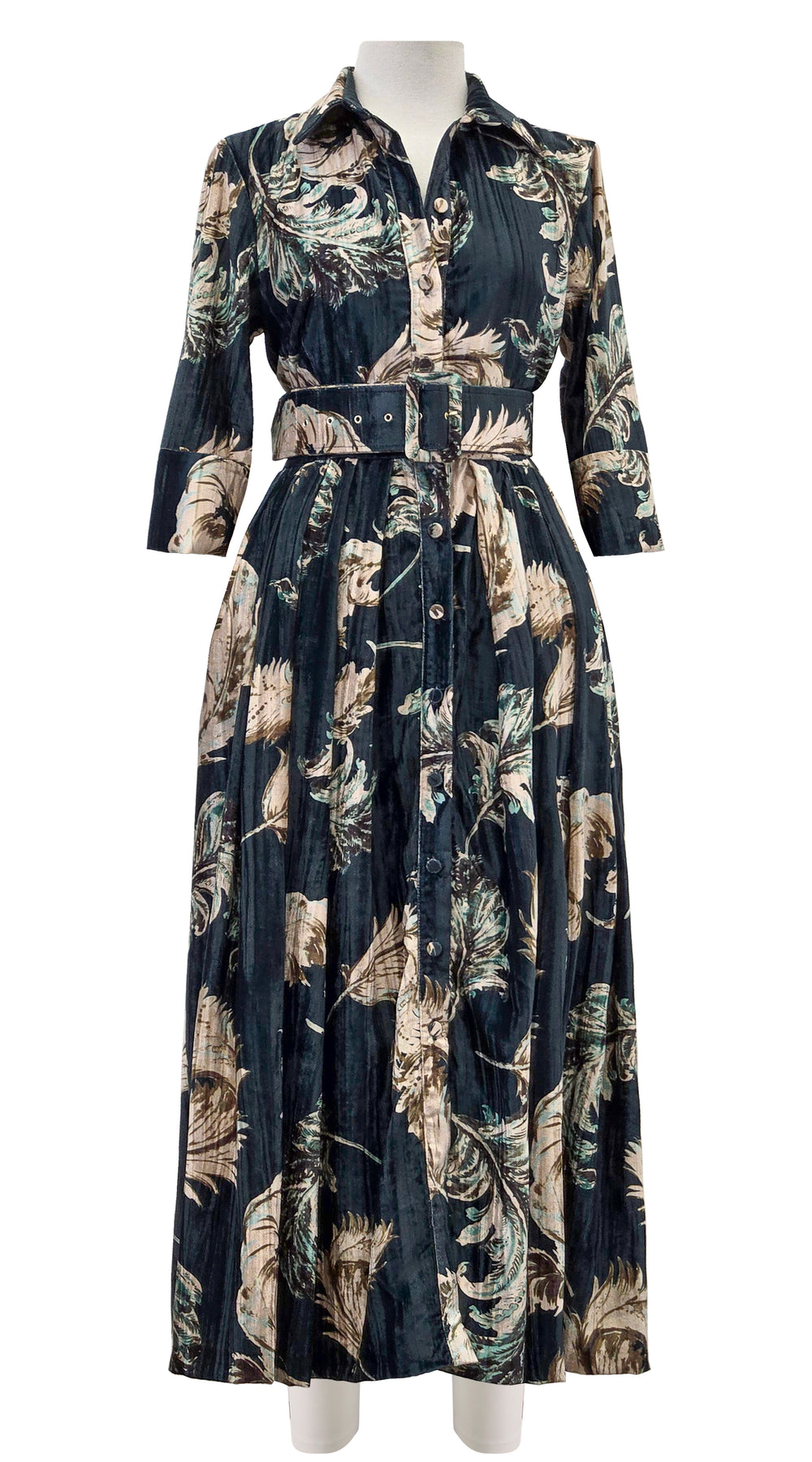 Audrey Dress #4 Shirt Collar 3/4 Sleeve Midi Length Velvet Vicose (Feather Lightness Dark)