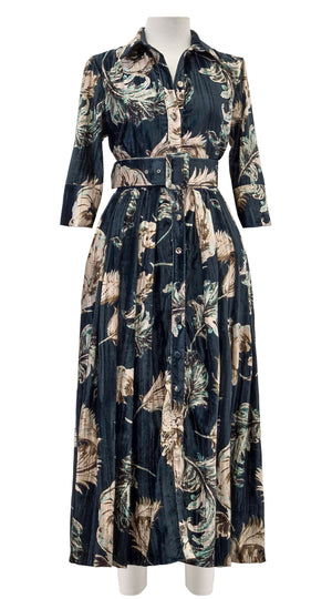 Audrey Dress #4 Shirt Collar 3/4 Sleeve Midi Length Velvet Vicose (Feather Lightness Dark)