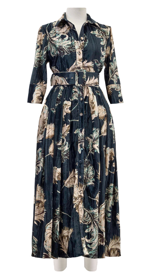 Audrey Dress #4 Shirt Collar 3/4 Sleeve Midi Length Velvet Vicose (Feather Lightness Dark)