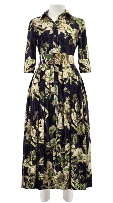 Audrey Dress #4 Shirt Collar 3/4 Sleeve Midi Length Velvet Vicose (Flower Luxembrug Ivory)