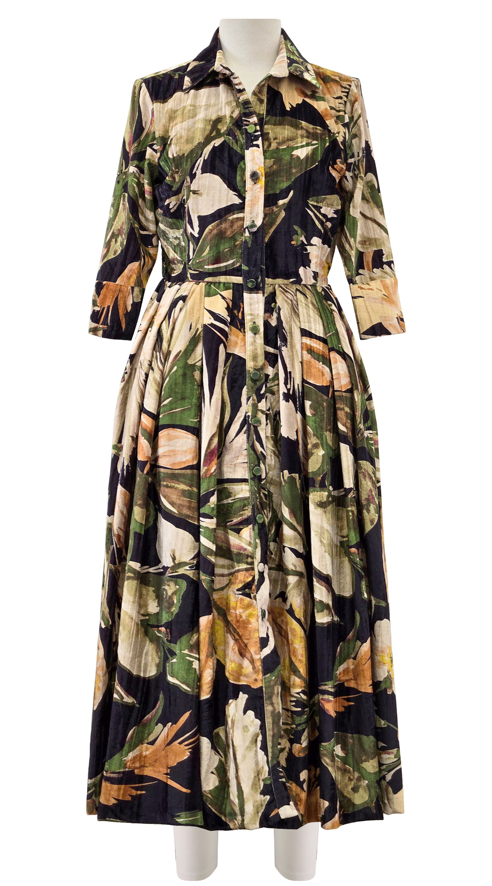 Audrey Dress #4 Shirt Collar 3/4 Sleeve Midi Length Velvet Vicose (Mozambique Flower Multi)