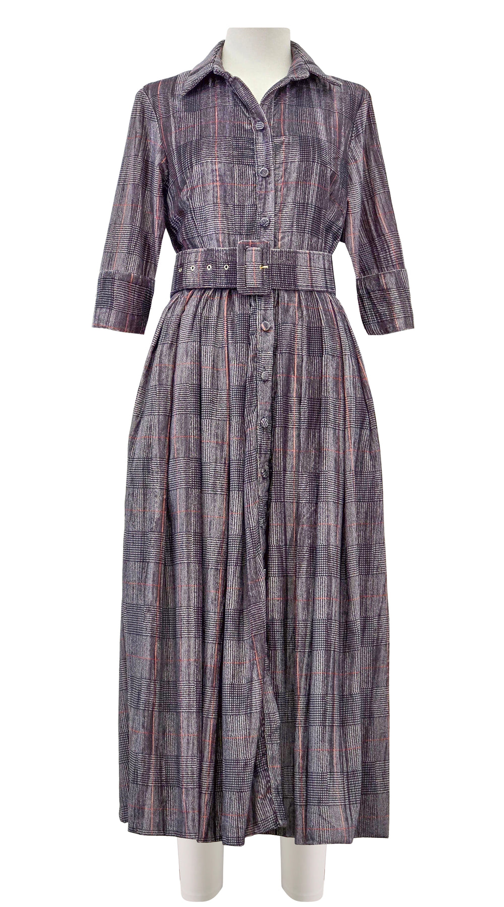 Audrey Dress #4 Shirt Collar 3/4 Sleeve Midi Length Velvet Vicose (Savile Row Check Ivory)