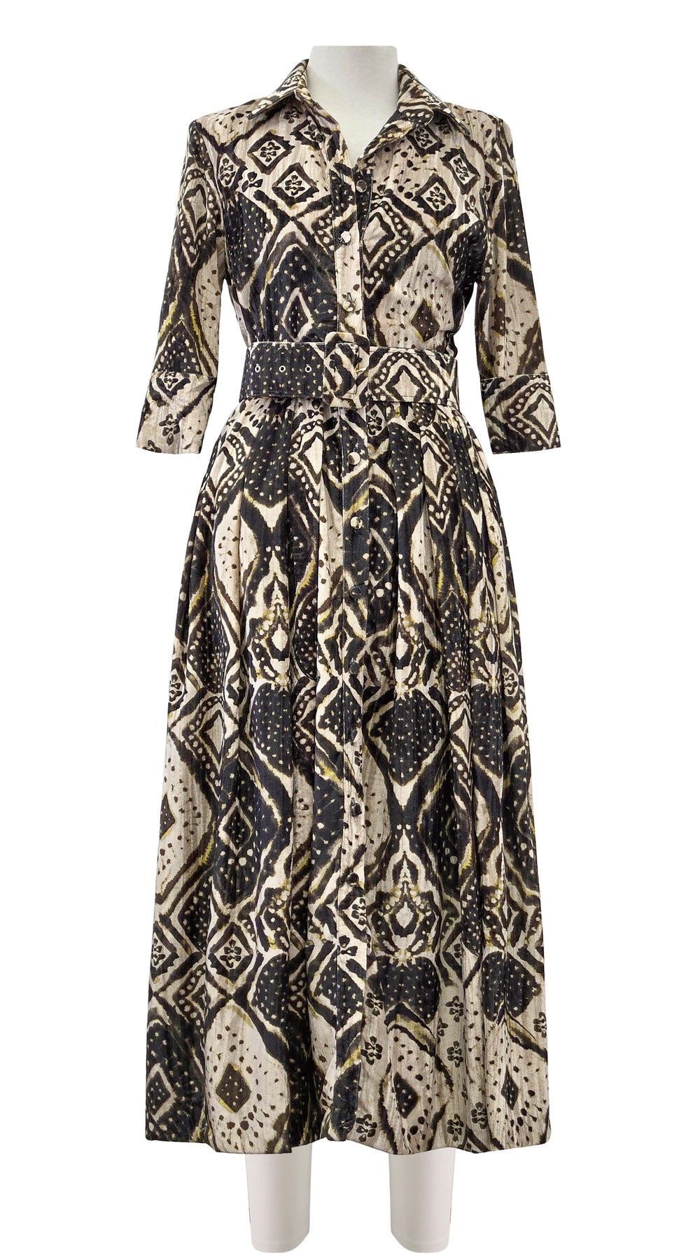 Audrey Dress #4 Shirt Collar 3/4 Sleeve Midi Length Velvet Vicose (Tie Dye Maldives Ivory)
