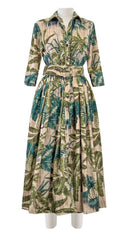 Audrey Dress #4 Shirt Collar 3/4 Sleeve Midi Length Velvet Vicose (Vintage Palm Beige)