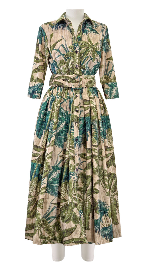 Audrey Dress #4 Shirt Collar 3/4 Sleeve Midi Length Velvet Vicose (Vintage Palm Beige)