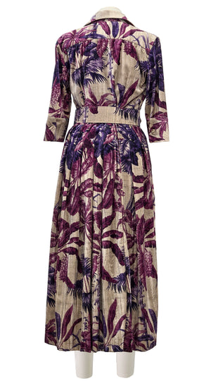 Audrey Dress #4 Shirt Collar 3/4 Sleeve Midi Length Velvet Vicose (Vintage Palm Beige)